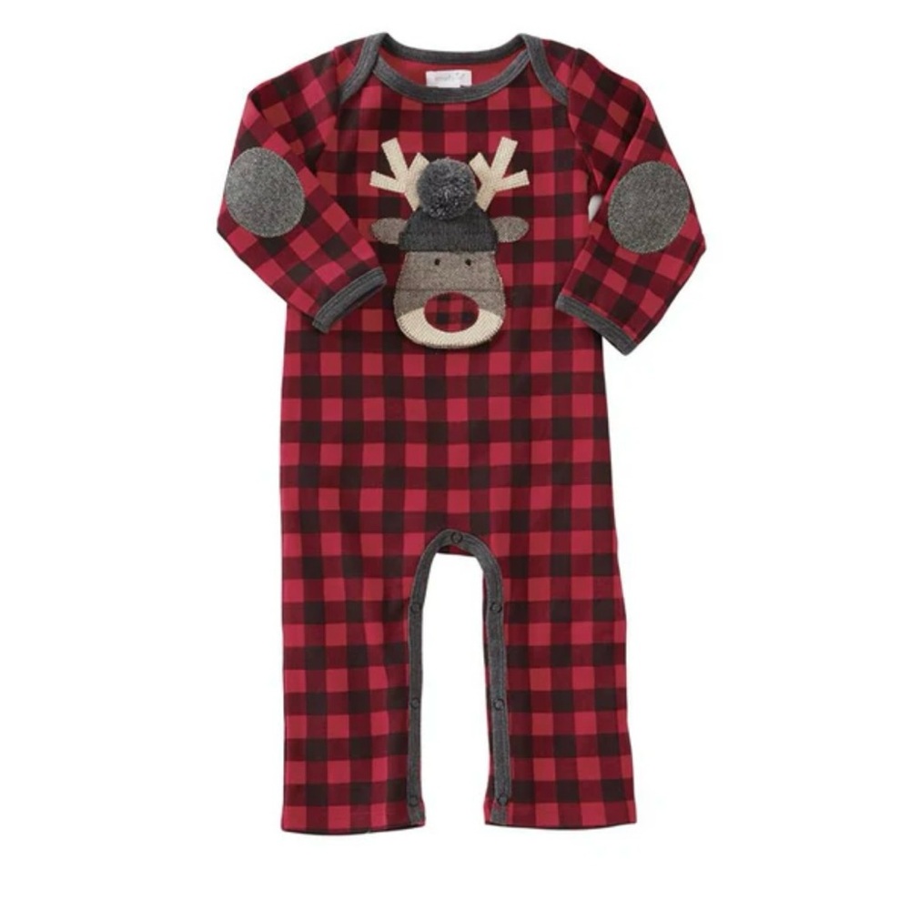 NEW Mud Pie Reindeer Buffalo Plaid Baby Romper Onesie Jumpsuit 0-3 months NWT
